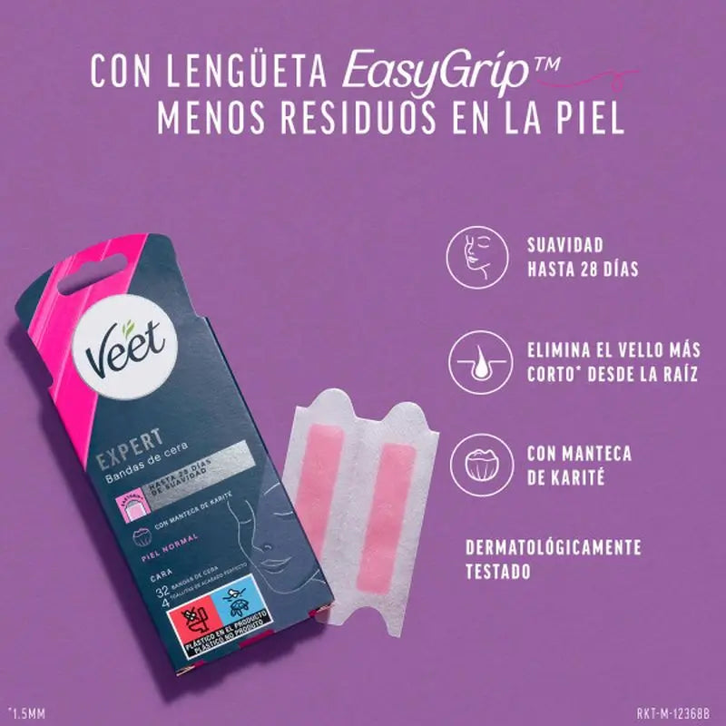 Veet Expert Bandas Cera Fria Facial Con Manteca De Karité. 32 Unidades