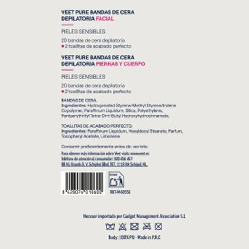 VEET Pure Neceser Bandas de Cera Depilatoria (20 faciales + 20 corporales)