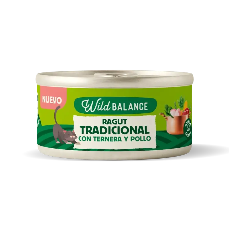Wild Balance Lata Ragut Tradicional Con Ternera, Pollo Y Verduras Para Gatos, 80 gr