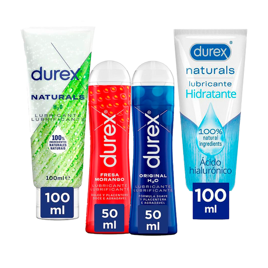 Durex Pack Lubricantes Natural, 100 Ml + Original, 50 Ml + Naturals Ácido Hialurónico, 100 Ml + Fresa, 50 Ml