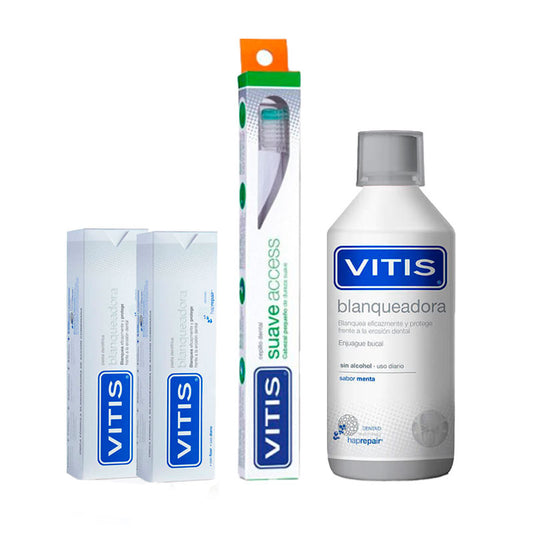 VITIS Pack Blanqueador ( Colutorio 500ml + Pasta Dentífrica 2x100ml + Cepillo Dental suave)