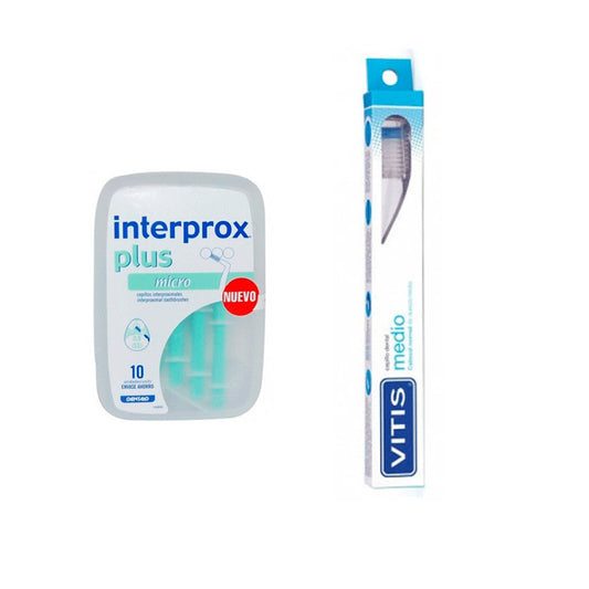 VITIS Cepillo Dental Medio Uso Diario + Interprox Cepillo Dental Interproximal Plus Micro 10 unidades