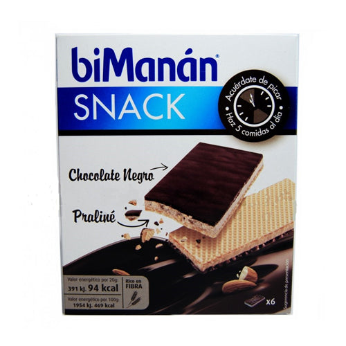 biManán Snack Chocolate Negro y Praliné 20 gr 6 Barritas