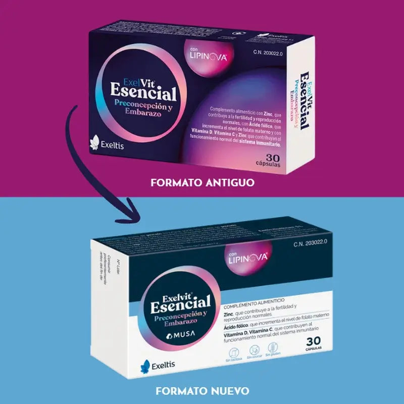 Exelvit Esencial Preconcepción y Embarazo , Duplo 2x30 Cápsulas