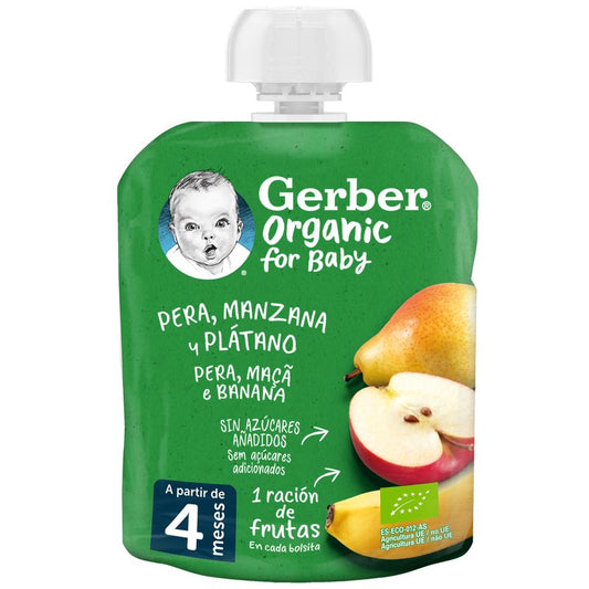 Gerber Pouch Organic Pera, Manzana, Plátano, 90g