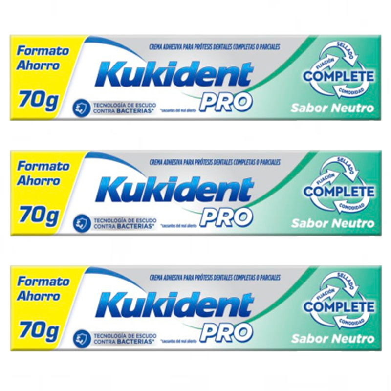 Kukident Triplo Pro Complete Crema Adhesiva Para Prótesis Dentales, Neutro 3 x 70 Gr