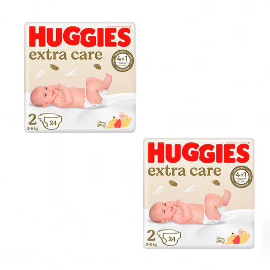 Pack 2 x Huggies Extra Care  Pañal para Bebé Recién nacido Talla 2 (4-6KG), 48 Unidades