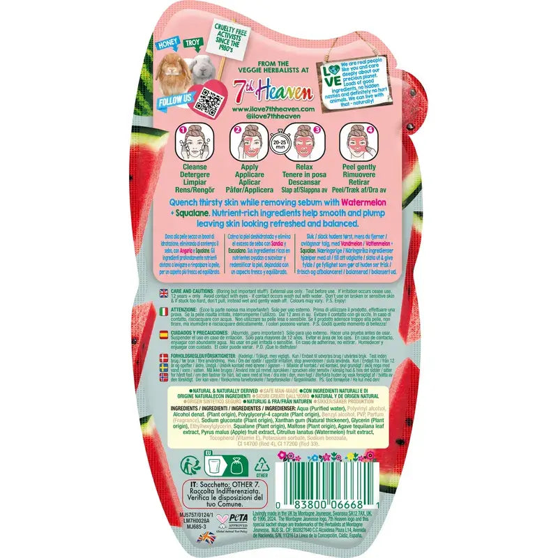 7 Heaven Mascarilla Peel-Off Sandía Con Esqualano Aumenta La Hidratación , 10 ml