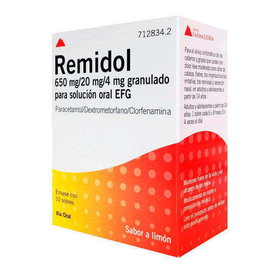 Remidol 650 Mg/20 Mg/4 mg Granulado Para Solucion Oral Efg, 10 sobres
