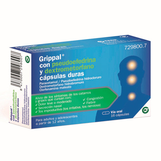 Grippal con Pseudoefredrina y Dextrometorfano, 16 cápsulas