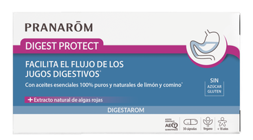 Pranarom Digest Protect  Apoya el flujo de jugos digestivos  Aceites esenciales de limón y comino 100% puros y naturales  Extracto natural de algas rojas  Vegano , 30 cápsulas