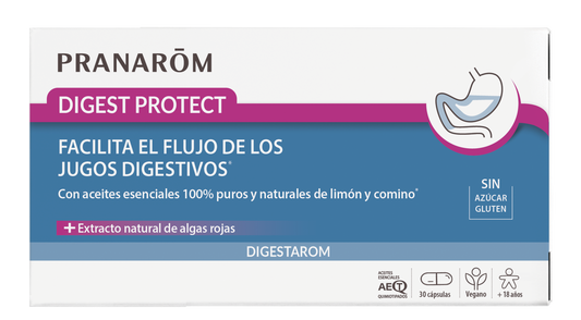 Pranarom Digest Protect  Apoya el flujo de jugos digestivos  Aceites esenciales de limón y comino 100% puros y naturales  Extracto natural de algas rojas  Vegano , 30 cápsulas