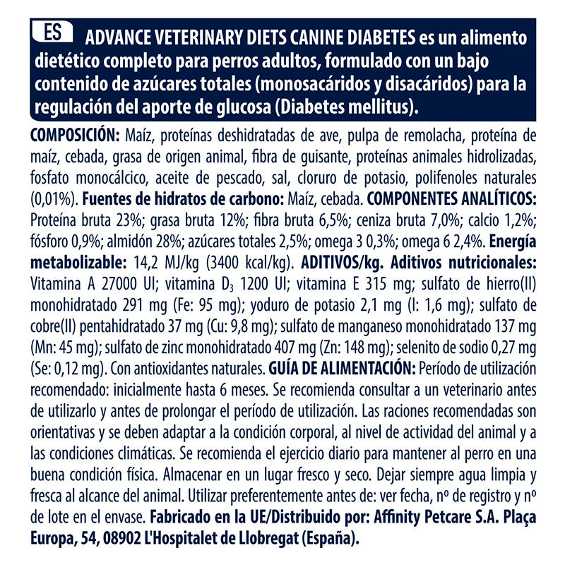 Advance Vet Canine Adult Diabetes Colitis 12Kg, pienso para perros
