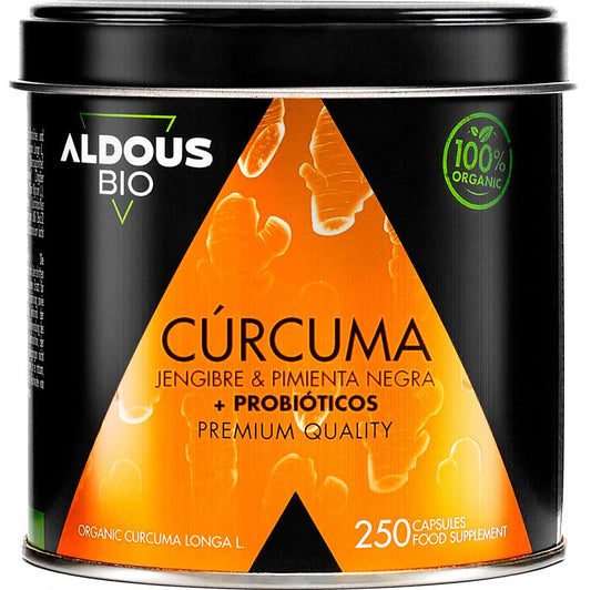 Aldous Bio Cúrcuma con Jengibre y Pimienta Negra con Probióticos, 250 cápsulas
