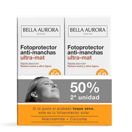 Bella Aurora Duplo Fotoprotector Solar Anti-Manchas Ultra-Mat Spf50, 50+50 ml