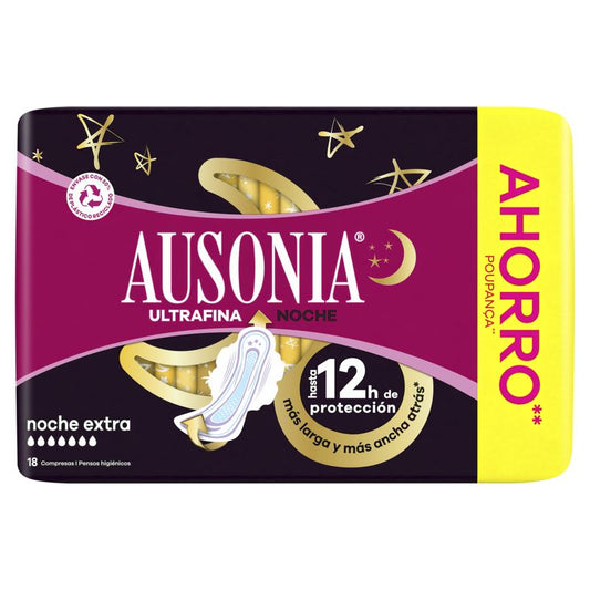 Ausonia Ultrafina Menstrual Noche Extra Compresas Con Alas, 18 Unidades