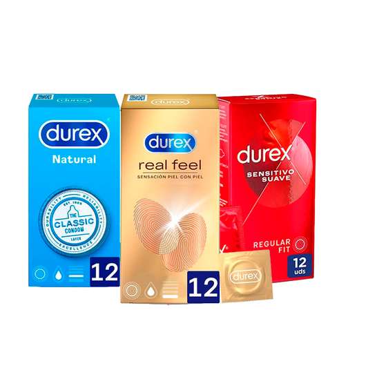 Durex Pack Preservativos Originales Natural Plus, 12 Unidades + Sensitivo Suave, 12 Unidades + Real Feel, 12 Unidades