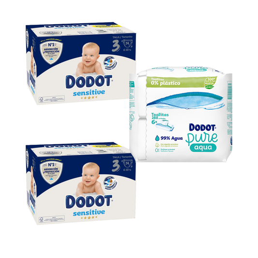 Dodot Pack De 2 Sensitive Recién Nacido Box Talla 3, 74 unidades + Toallitas Pure Aqua Para Bebé 288 Unidades