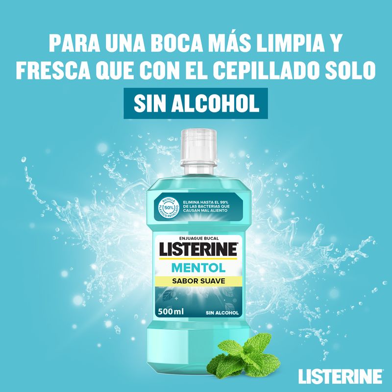 Listerine Enjuague Bucal, Mentol Sabor Suave, Sin Alcohol, Para Uso Diario, 500ml