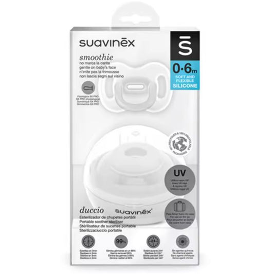 Suavinex Pack Chupete Con Tetina Fisiológica Sx Pro Todo Silicona, 0-6 Meses + Esterilizador Portátil Duccio. Color Blanco.