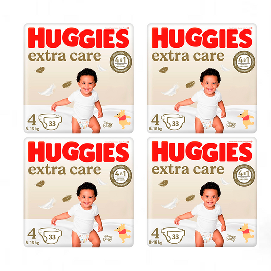 Pack 4 x Huggies Extra Care  Pañal para Bebé Recién nacido Talla 4 (8-14KG), 132 Unidades
