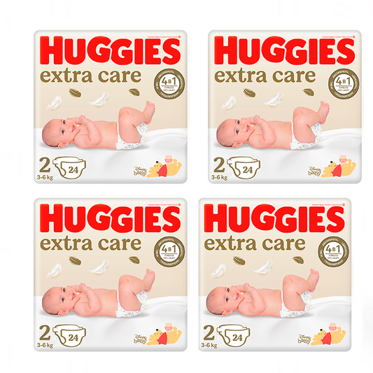 Pack 4 x Huggies Extra Care  Pañal para Bebé Recién nacido Talla 2 (4-6KG), 96 Unidades