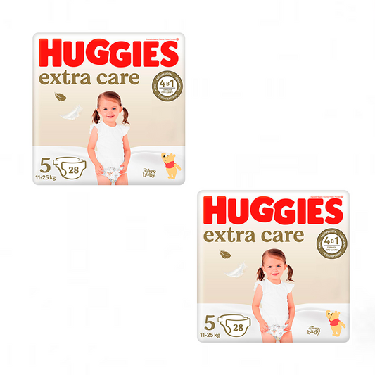 Pack 2 x Huggies Extra Care Pañal para Bebé Recién nacido Talla 5 (11-25KG), 56 Unidades