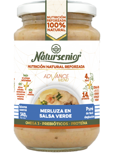 Natursenior Puré Adultos Merluza En Salsa Verde Reforzado Con Omega 3 Dha+Epa, Prebióticos Y Proteínas. , 340 gr