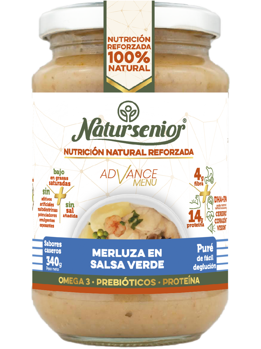 Natursenior Puré Adultos Merluza En Salsa Verde Reforzado Con Omega 3 Dha+Epa, Prebióticos Y Proteínas. , 340 gr