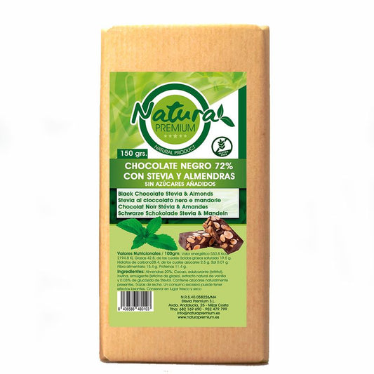 Natura Premium Stevia Chocolate Cacao 72% Y Almendra , 150 gr