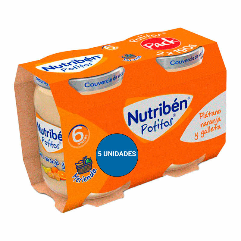 5 X Nutriben Pack Pot Merienda Platano, Naranja Y Galleta 2X190 Gr