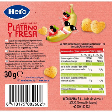 Hero Snack Corazones De Plátano Y Fresa , 30 gr