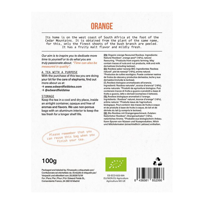 Edward Fields Tea Infusión Rooibos  Naranja Ecológico A Granel 50 Tazas Sin Teina , 100 gr