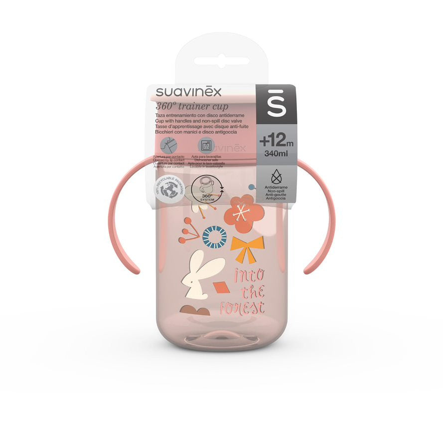 Suavinex Vaso 360º Entrenamiento Bebé. Con Asas Y Sistema Antiderrame. Para Bebés +12 Meses. Color Rosa, 340Ml