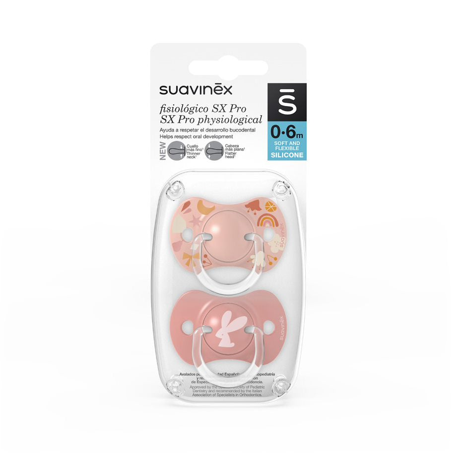 Suavinex Pack De 2 Chupetes Con Tetina Fisiológica De Silicona Sx Pro, Para Bebés 0-6 Meses, Forest Rosa
