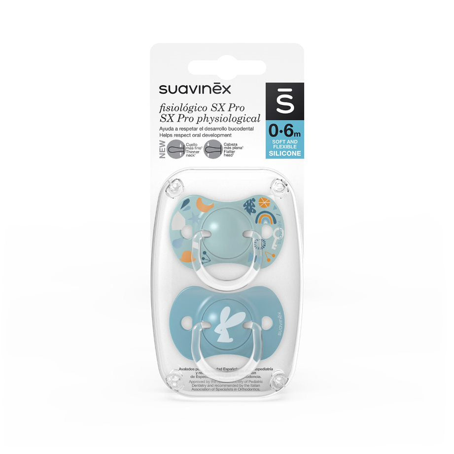Suavinex Pack De 2 Chupetes Con Tetina Fisiológica De Silicona Sx Pro, Para Bebés 0-6 Meses, Forest Azul