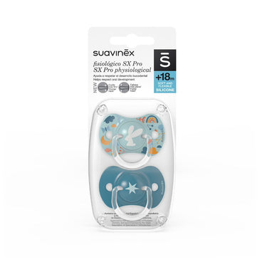 Suavinex Pack De 2 Chupetes Con Tetina Fisiológica De Silicona Sx Pro, Para Bebés +18 Meses, Forest Azul