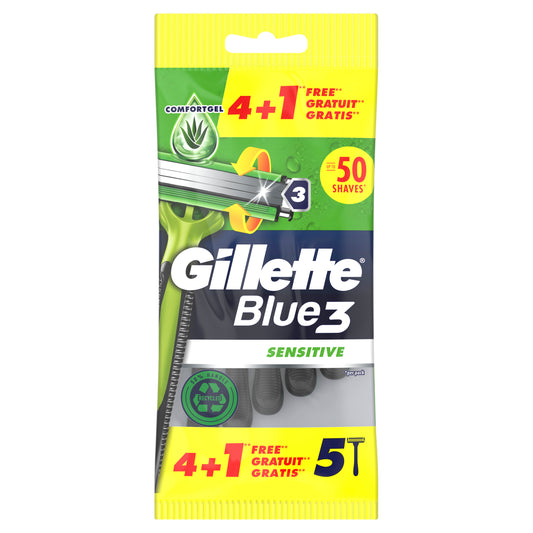 Gillette Blue3 Sensitive Maquinilla De Afeitar Desechable Para Hombre , 5 unidades