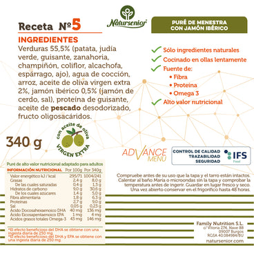 Natursenior Puré Adultos Menestra Con Jamón Ibérico Con Omega 3 Dha+Epa, Prebióticos Y Proteínas. , 340 gr