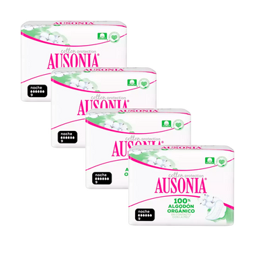 Pack 4X Ausonia Organic Cotton Alas Protección Noche, 36 Unidades