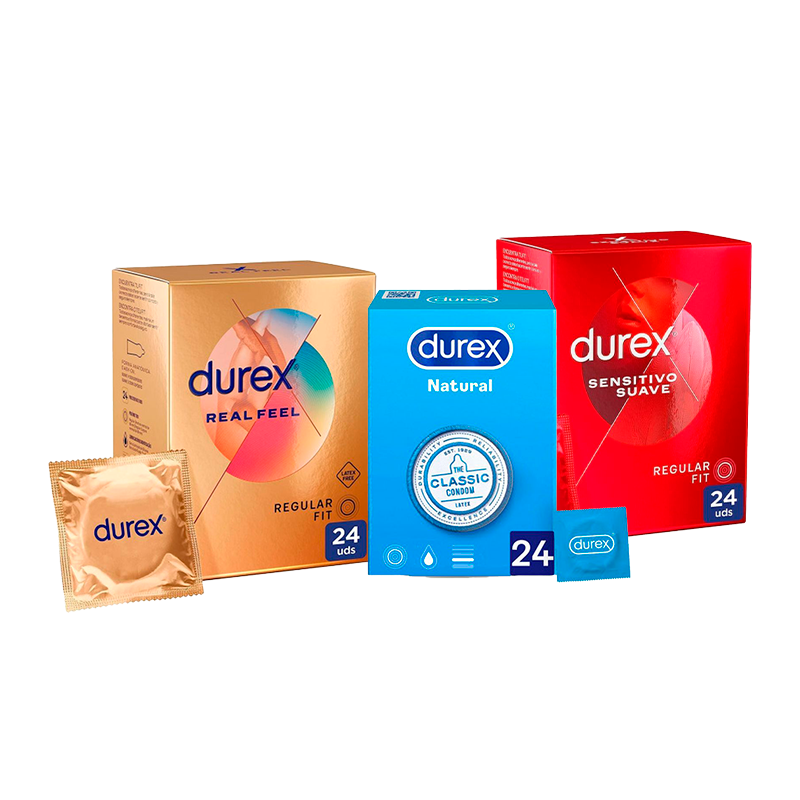 Durex Pack Preservativos Natural Plus, 24 Unidades + Sensitivo Suave, 12 Unidades + Real Feel, 24 Unidades