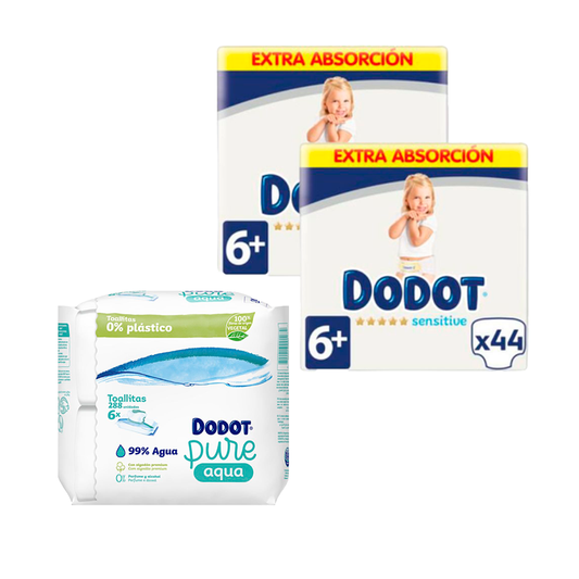 Dodot Pack De 2 Sensitive Extra Jumbo Talla 6+, 44 unidades + Toallitas Pure Aqua Para Bebé 288 Unidades