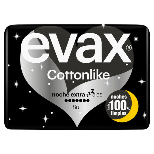 Evax Cottonlike Compresas Noche Extra Con Alas , 8 unidades