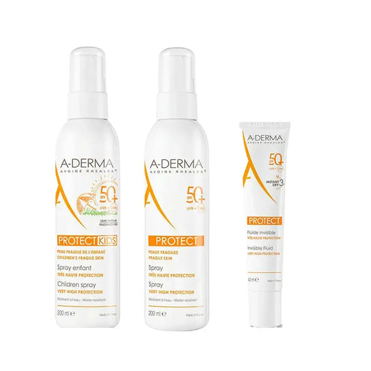 A-Derma Fluido Solar Invisible Spf50+ 40 Ml + Spray Solar Spf50+ 200 Ml + Spray Solar Infantil Spf50+ 200 Ml