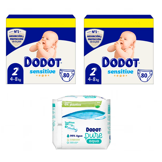 Dodot Sensitive Recién Nacido Box Talla 2, 2 x 80 Unidades + Toallitas Pure Aqua Para Bebé 288 Unidades