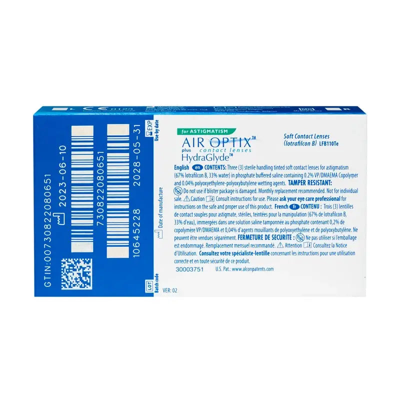 Air Optix Plus HydraGlyde Lentillas Tóricas Mensuales , 3 unidades - +0.25, -1.75, 40, 8.7, 14.50