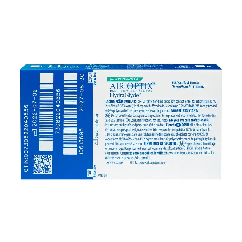 Air Optix Plus HydraGlyde Lentillas Tóricas Mensuales , 6 unidades - -6.00, -0.75, 110, 8.7, 14.50