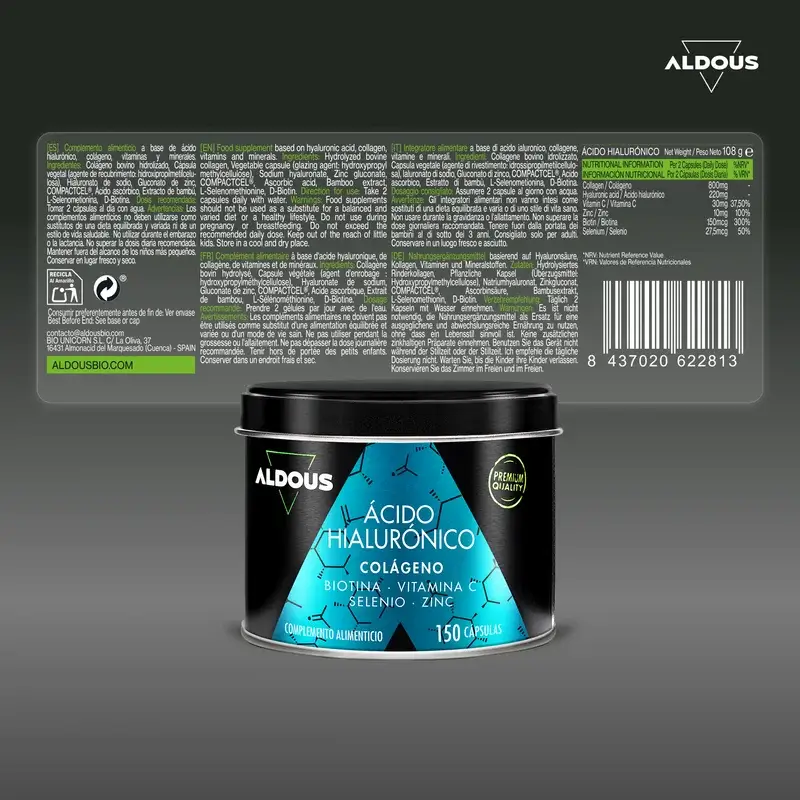 Aldous Bio Ácido Hialurónico Con Colágeno, Vitaminas Y Minerales, 120 caspsulas
