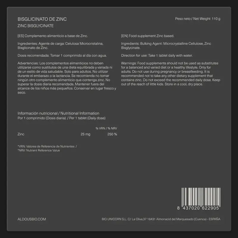 Aldous Bio Bisglicinato De Zinc 25 Mg , 500 comprimidos