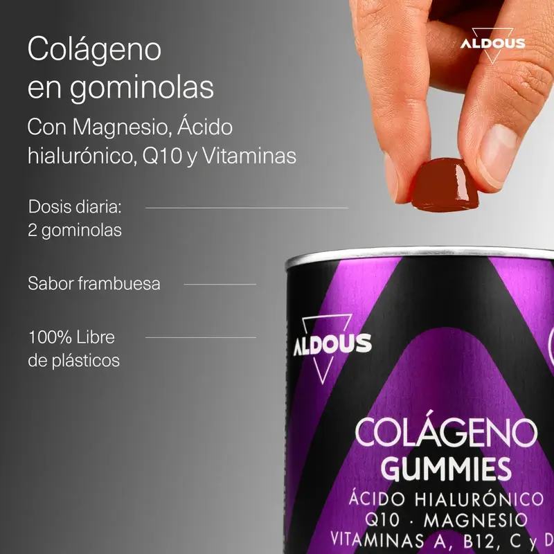 Aldous Bio Colágeno Hidrolizado Con Ácido Hialurónico, Coenzima Q10, Zinc Y Vitaminas, 120 gominolas